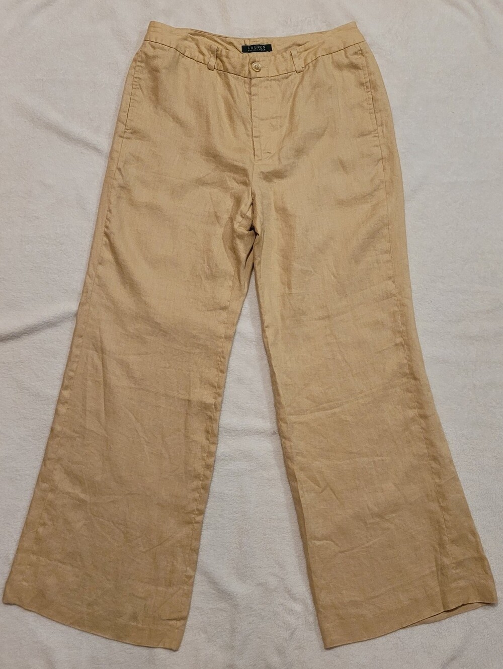 Vintage Lauren Ralph Lauren 100% Linen Wide Leg Trousers Pants Birch Tan Size 10